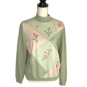 Alfred Dunner Green & Pink Floral Embroidered Grammacore Vintage Sweater PXL